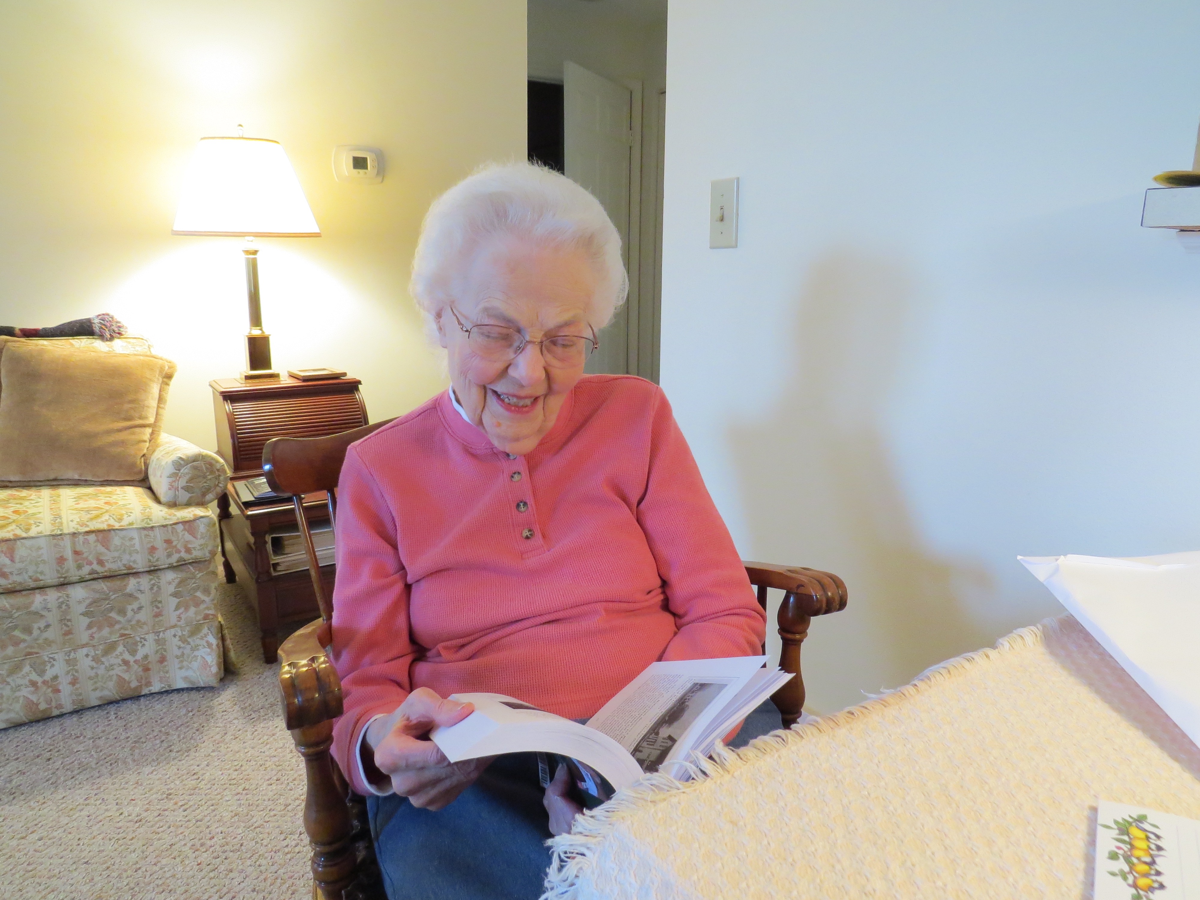 Anna Wallace reading the proof of her new book. 